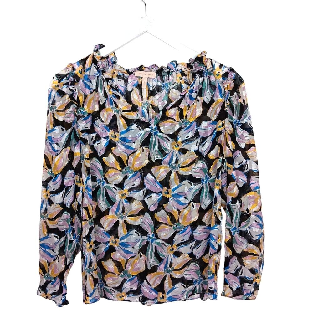 REBECCA TAYLOR V-Neck Blouse Silk Floral Ruffles Black Field - Small